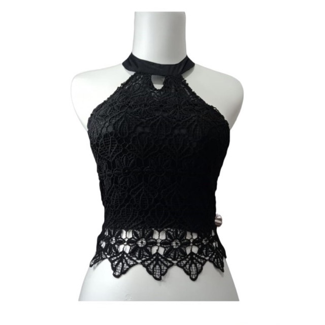 atasan wanita crop hitam tali di leher