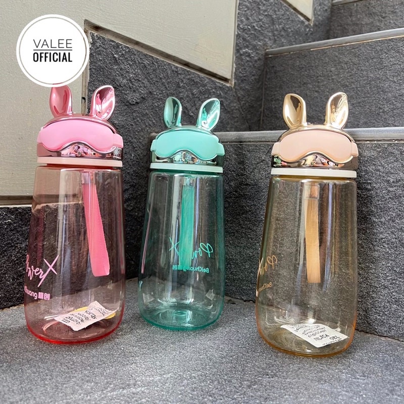 BOTOL MINUM ANAK BENING TUTUP KARAKTER RABBIT DENGAN TALI PENDEK/IMPORT 600 ML BPA FREE