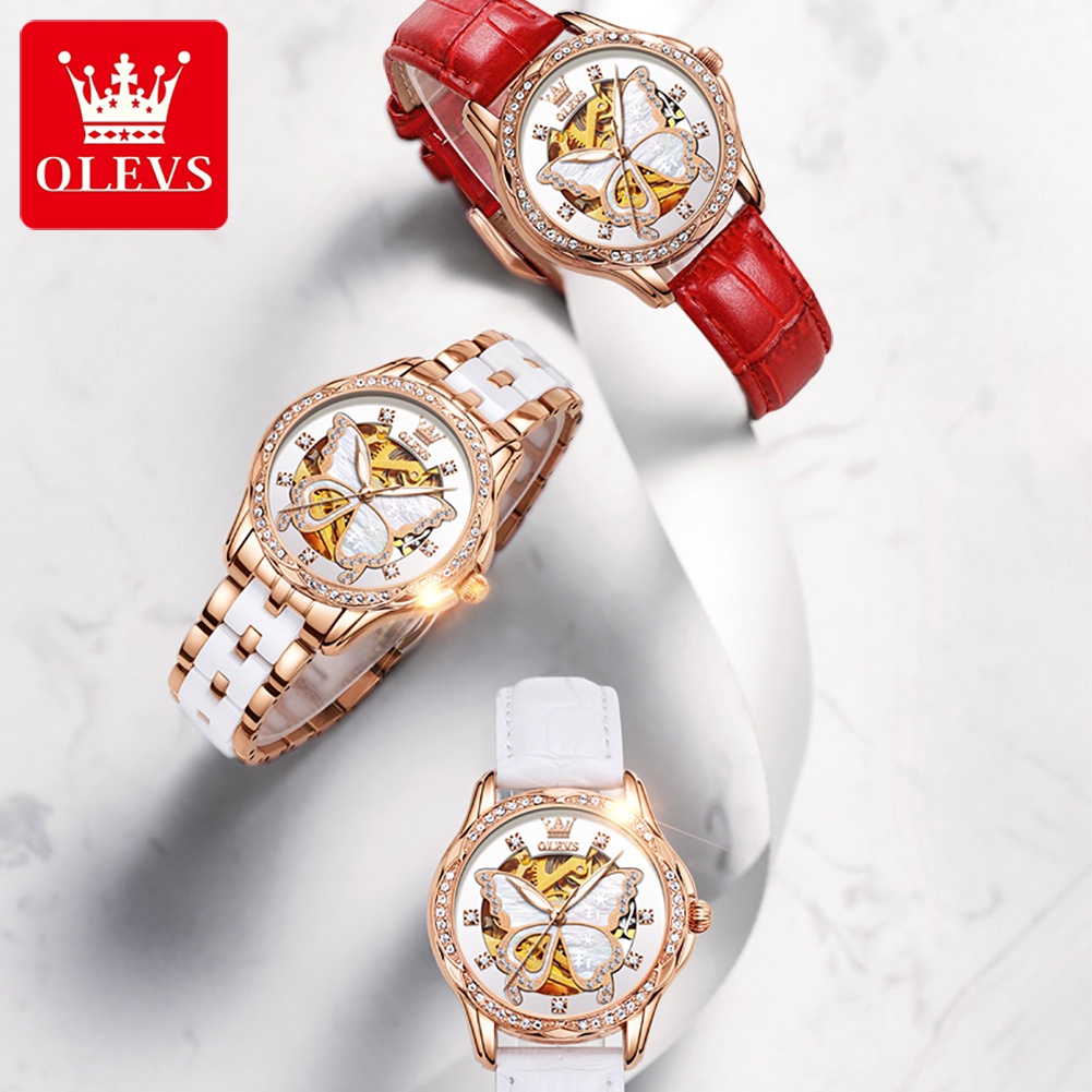 OFFICIAL OLEVS Jam Tangan Mekanik Wanita Tahan Air Asli Otomatis Mekanik Mewah Elegan Kupu Dial