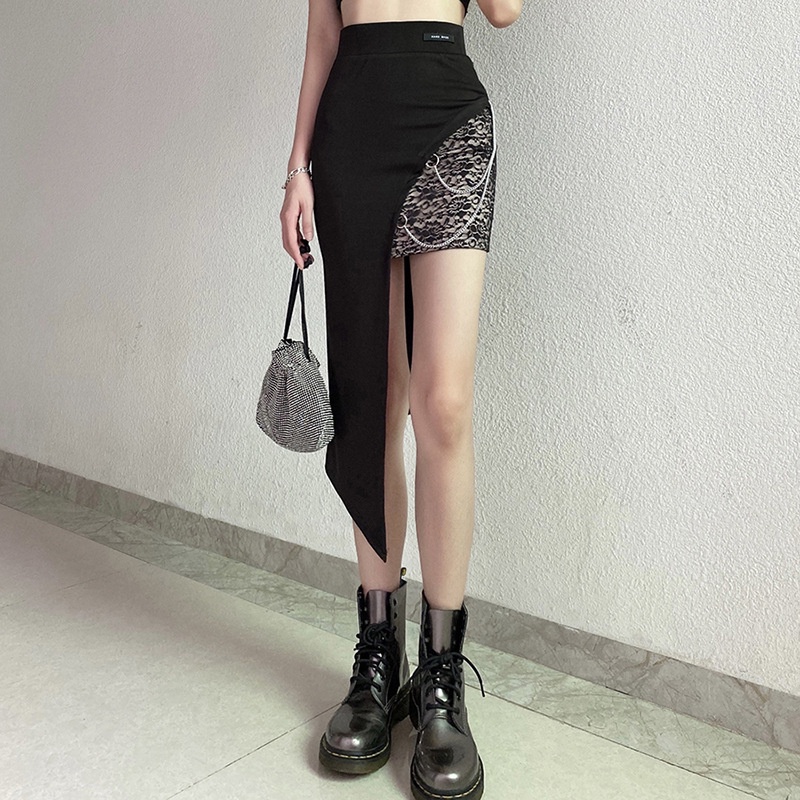 [S.T] Women Asymmetric Chain Lace Double Layered Mini Skirt/Rok Pendek Wanita Brukat 2046 (S/M/L)