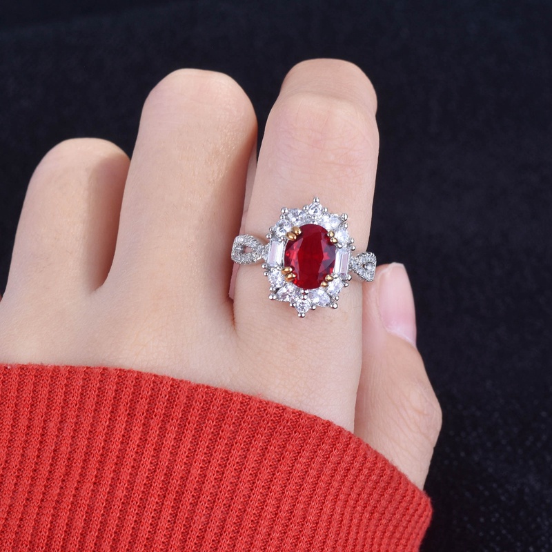 Fancyqube Cincin Sterling Silver 925 Model Terbuka Dengan Batu Zircon Oval Merah Vintage Untuk Wanita