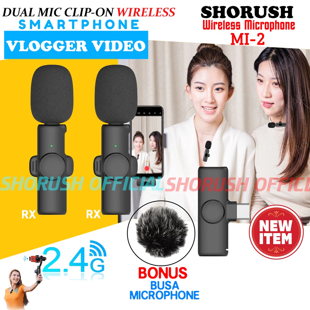 Shorush MI-2 Dual Microphone Mic Clip On Wireless 2.4Ghz VLOG Youtuber USB Type C Android Lightning IPHONE 8 Plus X XR XS 11 Pro Max SE 2 2020