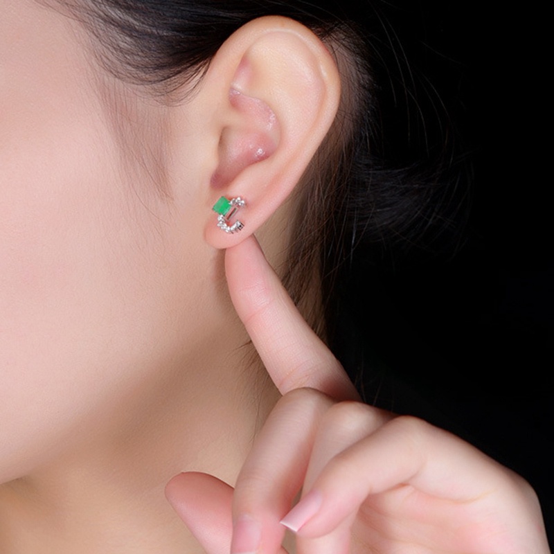 Anting Tusuk Desain Geometri Zambia Emerald Imitasi Bahan Sterling Silver 925 Untuk Wanita
