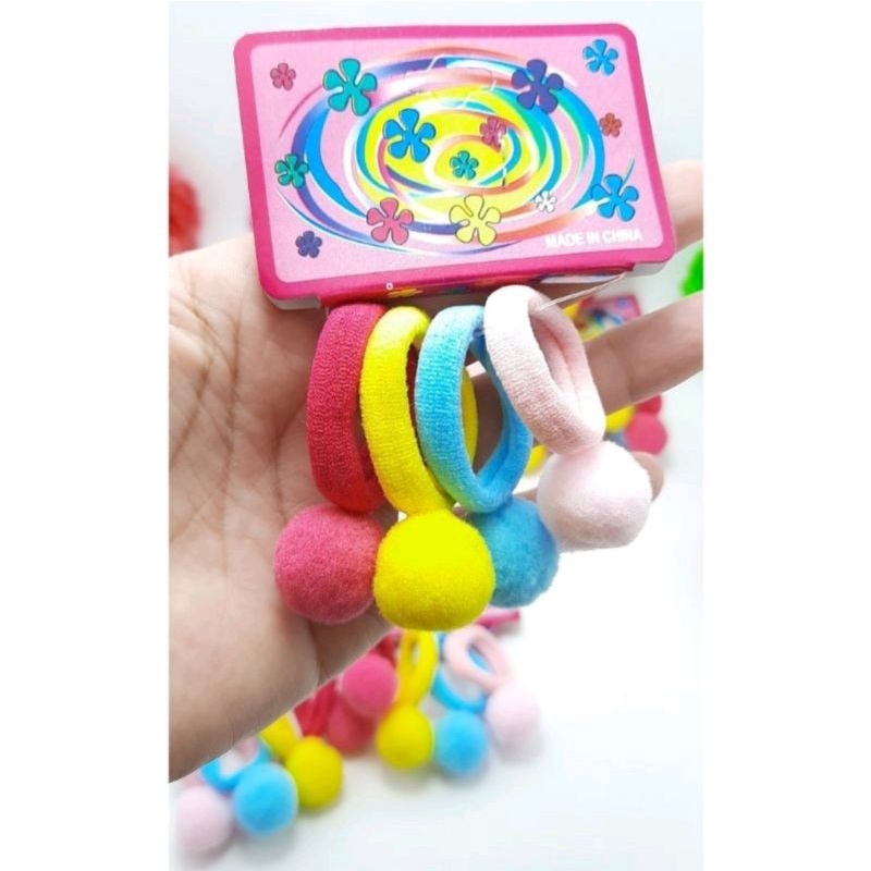 (1 CARD ISI 4) KUNCIR POMPOM / BUNGA LUCU IKAT RAMBUT POMPOM BUNGA KARET POMPOM BUNGA IMPORT BEST SELLER