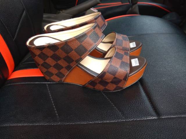 Sandal Wedges slop DV126 COKLAT DAMIER kotak - kotak