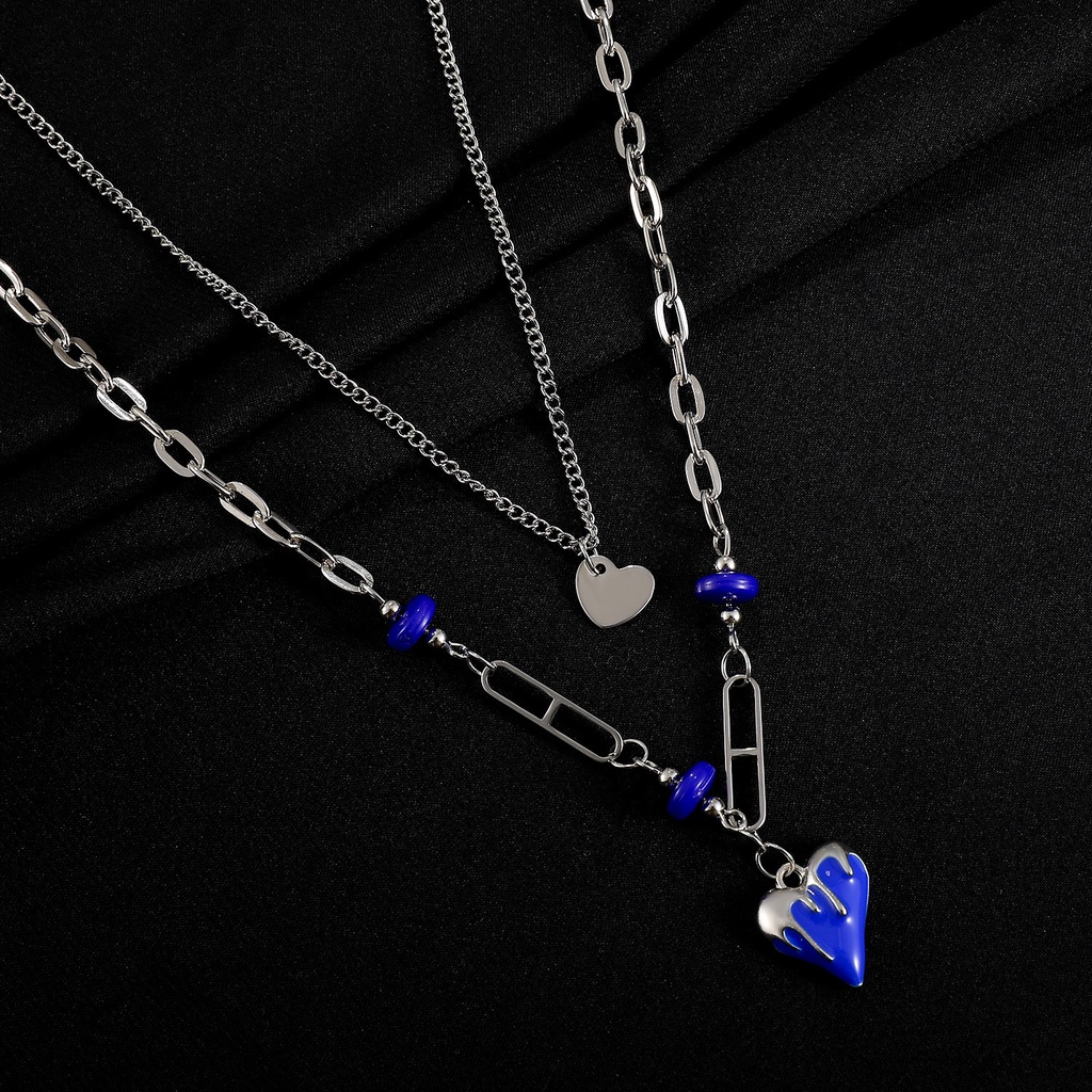 Kalung Klavikula Lapisan Ganda Dengan Liontin Hati Warna Biru