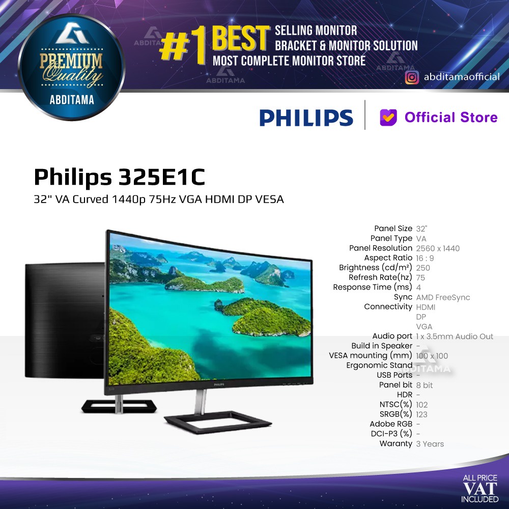 Jual Monitor Led Philips 325e1c 32 Va Curved 1440p 75hz Vga Hdmi Dp