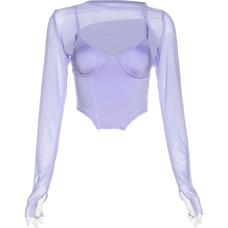 Buktikan kekinian atasan crop top niche design sense taro ungu irregular slim kamisol rompi wanita lengan panjang two-piece short top trendy baju import kaos wanita korean style