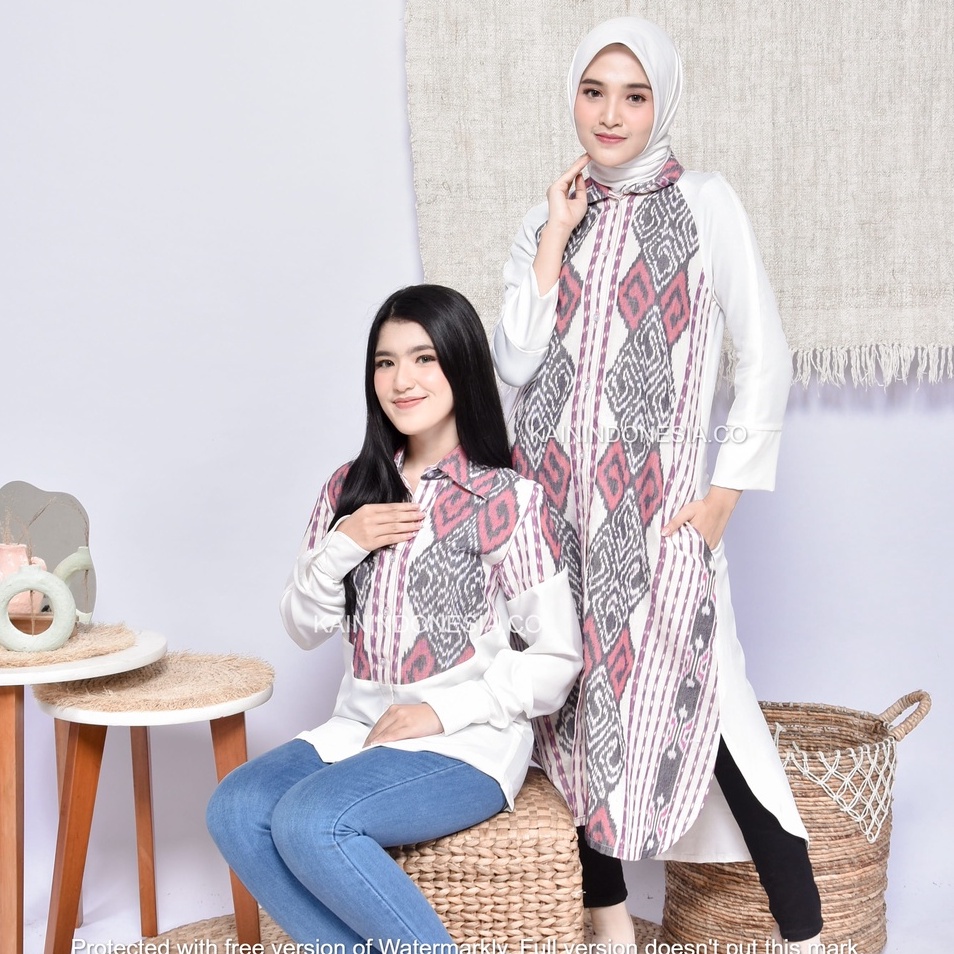 KI Kemeja Loose Panjang Tunik Dress Dayana Jumbo Tenun Lea Pink Hitam