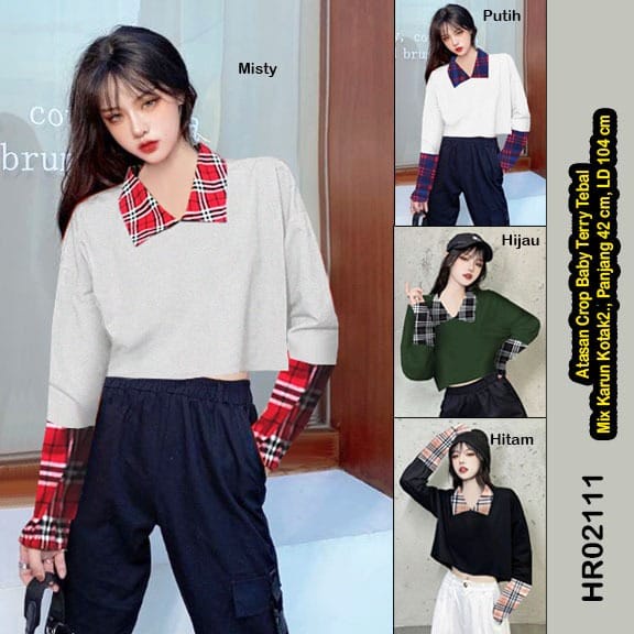 HR02111 Atasan Crop Baby Terry Tebal mix katun kotak stretch / atasan kemeja korean / atasan kemeja crop