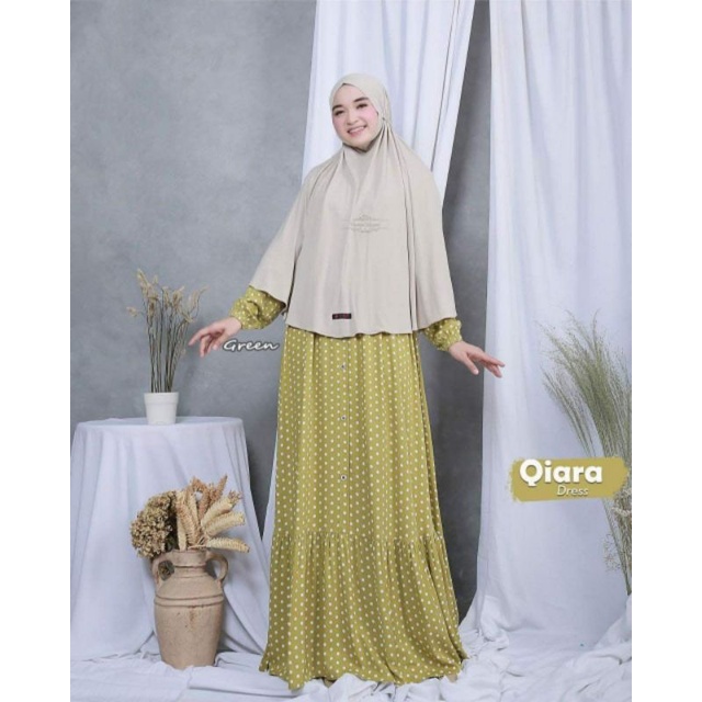 Qiara Dress - Gamis Terbaru Rempel Polkadot Rayon Premium Dress Dress Wanita Lengan Panjang Maxi Dress Klok Kekinian LD 110 cm