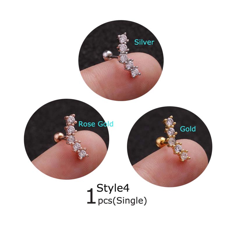 1piece Stainless Steel with Zircon Earrings Stud Daith Pinna Tragus Piercing 20G