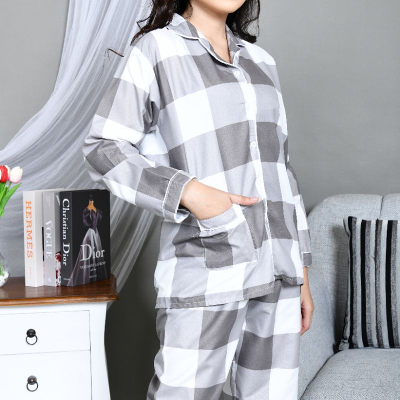 Baju Tidur Piyama Wanita/Cewek Pajamas Dewasa Katun Motif Kotak Emily PP Lengan Panjang Kekinian