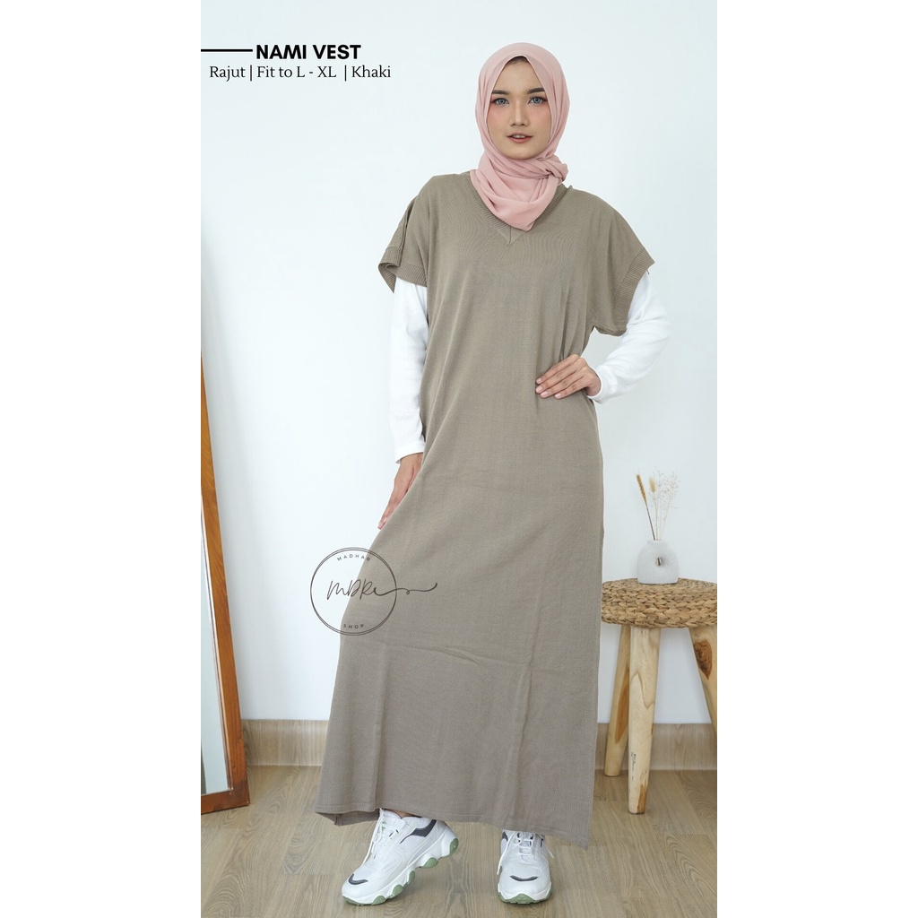 Nami Vest Rajut - Dress Rompi Knit  - Baju Long Outer fit to xl Tanpa lengan - outfit Remaja muslim terbaru- Ootd Kekinian