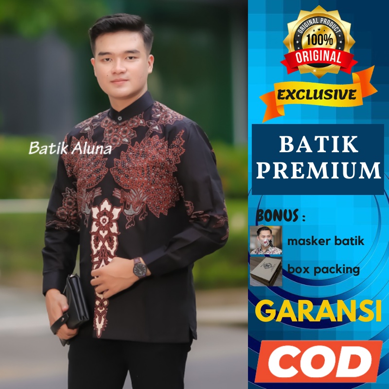 Baju Kemeja Koko Batik Muslim Kombinasi Asli Solo Pria Cowok Laki Laki Dewasa Lengan Panjang Premium