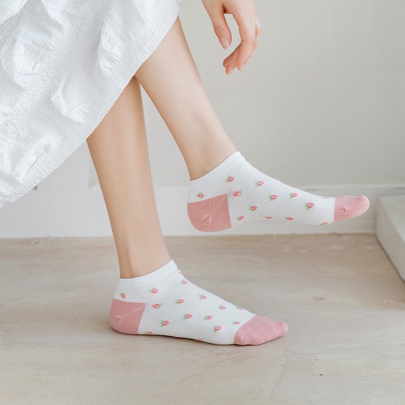 BV.ID •KK810 Kaos Kaki Pendek Wanita Motif Buah Bunga Pink Fashion Korean Unisex Semata Kaki Putih Socks Import Ankle Socks