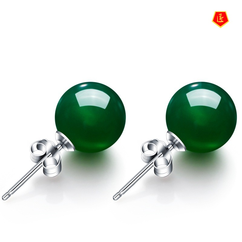 [Ready Stock]Fashion Green Chalcedony Red Agate Ear Studs Female Silver