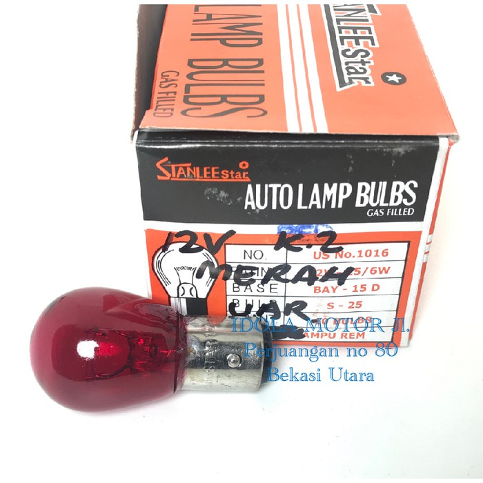 Bohlam lampu rem 12v kaki 2 25/6w merah besar merk stanlee star