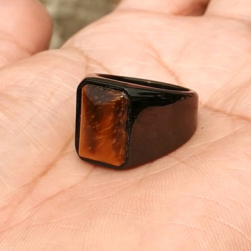 CINCIN BATU AKIK NATURAL BIDURI SEPAH AKA TIGER EYE MINIMALIS TITANIUM HITAM OCTAGON