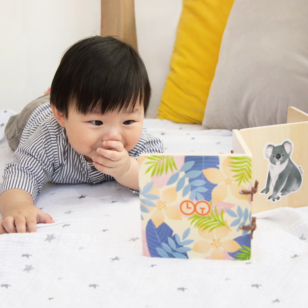 Learning Time Animals Wooden Book - Buku Kayu Tema Binatang Baby Tummy Time Session Latihan Fisik, Edukasi Visual Bayi 0-12 Bulan