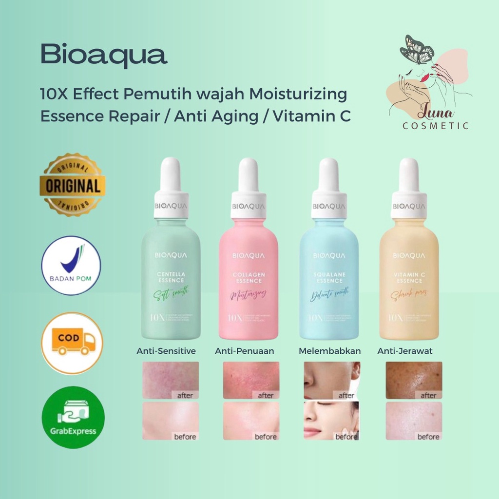 BIOAQUA Efek 10X Serum Series Collagen Anti aging/ Centella Barrier Repair Essence / Squalane Hydrating Serum / Vitamin C Pemutih Wajah