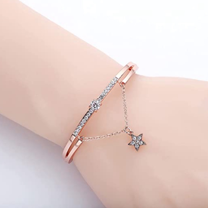 Fancyqube Gelang Tangan Model Terbuka Motif Hati / Bintang Aksen Kristal / Berlian Imitasi Untuk Wanita