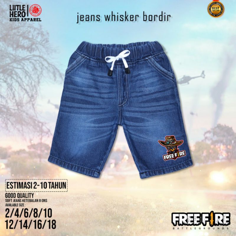 Celana Jeans Anak Whisker Bordir FF Bordir 2-7 Tahun Celana Jeans Pendek Bordir FreeFire by Little Hero