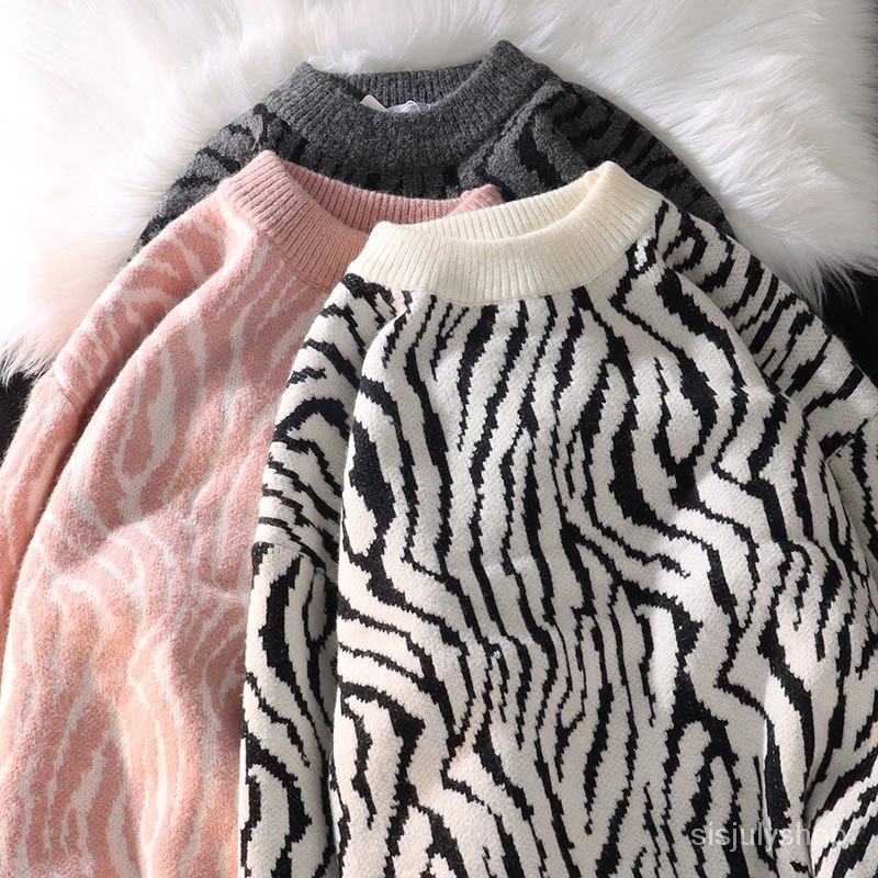 #Sisjuly# Gadis zebra pola leher bulat sweater longgar pria dan wanita musim gugur dan musim dingin