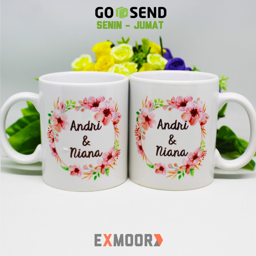 Mug Couple Wedding Floral Wreath Model D Kado Pernikahan