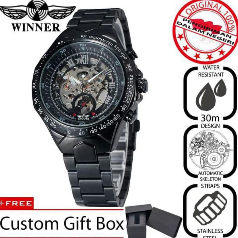 Original Winner TM432 Jam Tangan Pria Premium Skeleton Design Analog - Black