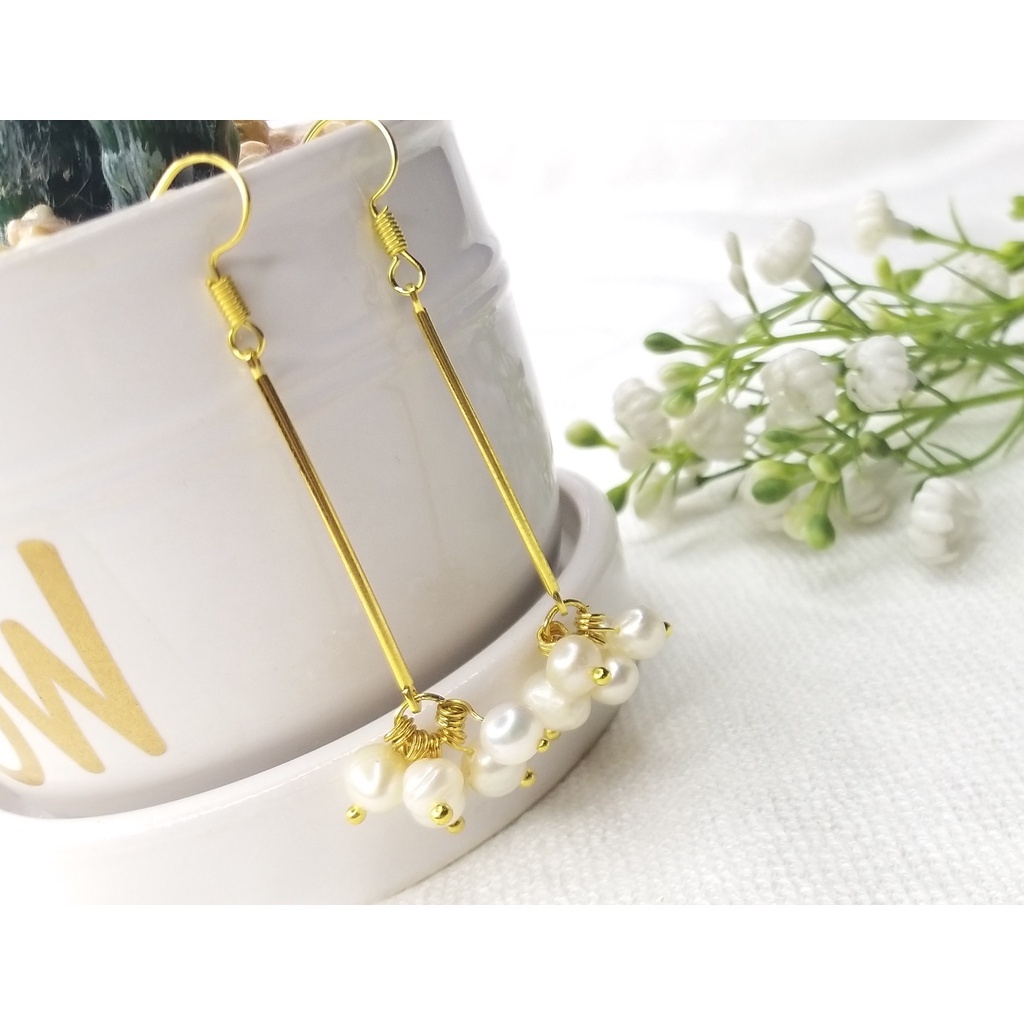 Anting Drop Panjang Juntai Emas Mutiara Air Tawar Anting Korea Wanita