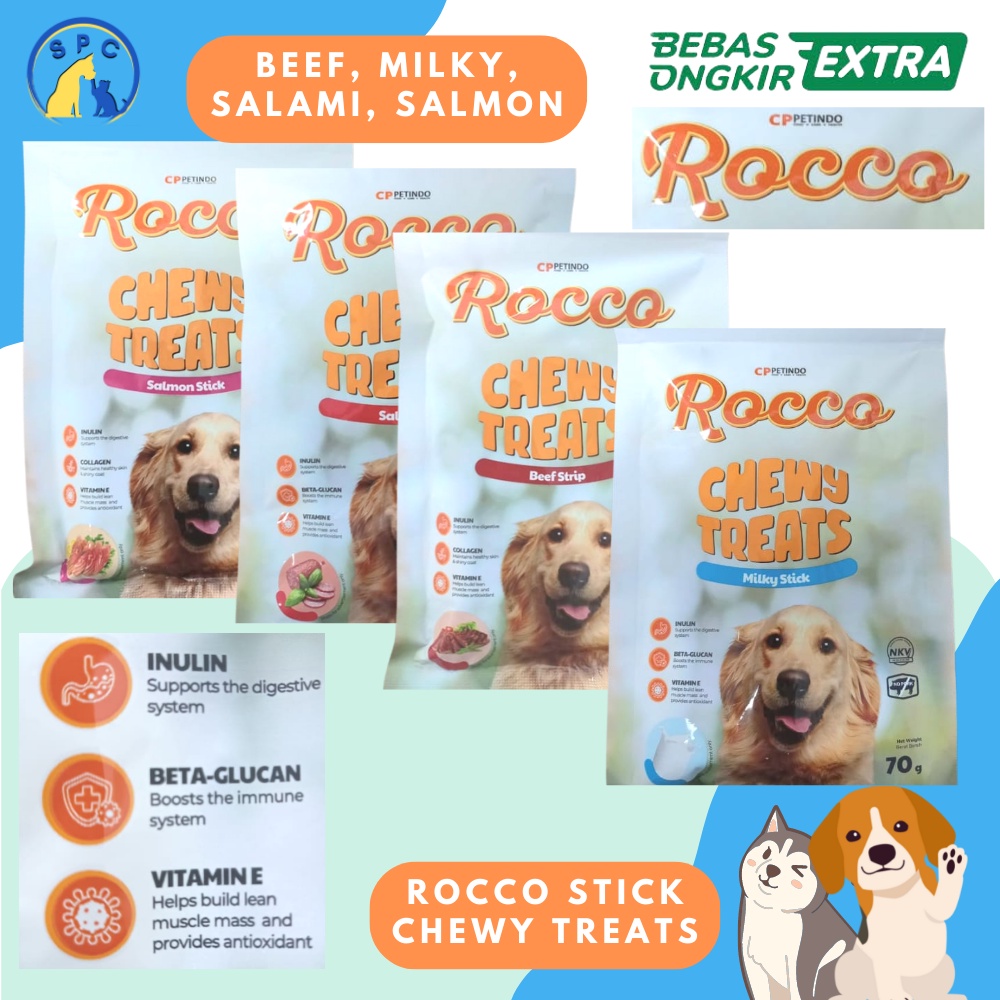 Snack Anjing ROCCO Chewy Treats 70 Gram Beef Strip Anjing Camilan Cemilan Anjing Milky Strip Treats