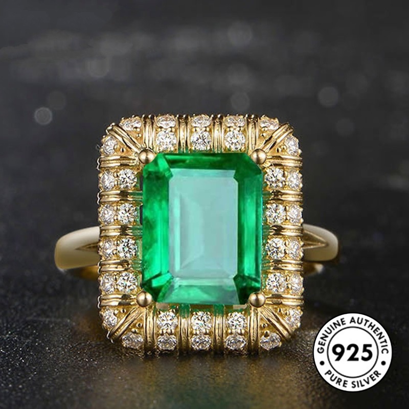 Cincin Sterling Silver 925 Elegan Dengan Emerald Untuk Wanita