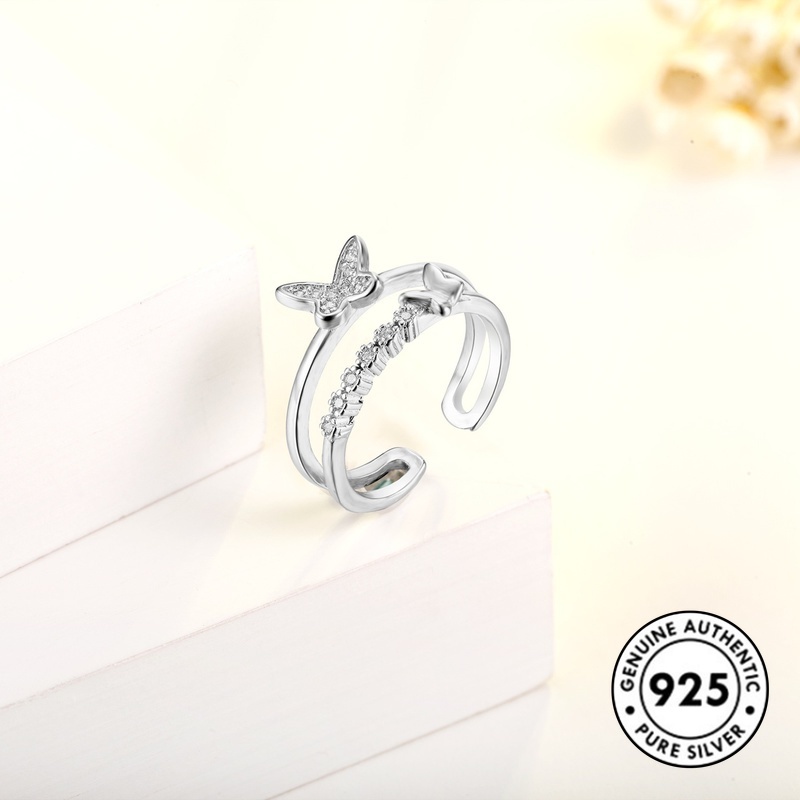 Cincin Model Terbuka Desain Kupu-Kupu Bahan S925 Silver Aksen Berlian