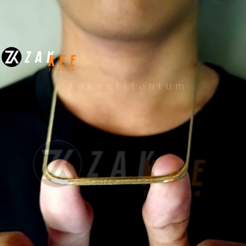 Kalung Titanium Emas Pria Wanita Belut Pipih Gepeng Mas Gold Cowok Cewek Anti Karat Panjang 45cm 50cm 60cm