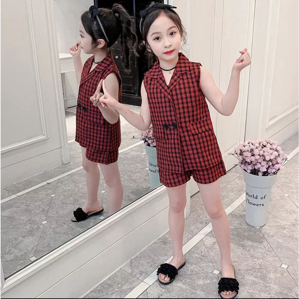 SETELAN BLAZER ANAK PEREMPUAN / SET JAS ANAK CEWEK USIA 5-8 tahun / St MLK 3in1 kid / Setelan pendek anak / Blazer anak set kotak kotak+ celana/ go girl