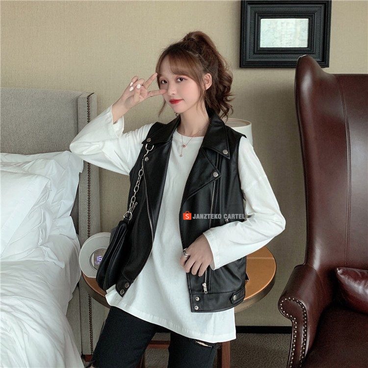 JNK x ROSE - Rompi Vest Slim Fit Wanita Biker Bahan Semi Kulit Sintetis Viena Faux Synthetic Leather Premium Original Cewek Perempuan Outfit Hijab Muslim Modern Baju Atasan Fashion Korean Style KPOP Women Female Kekinian Motor Racing Casual Zipper Tebal