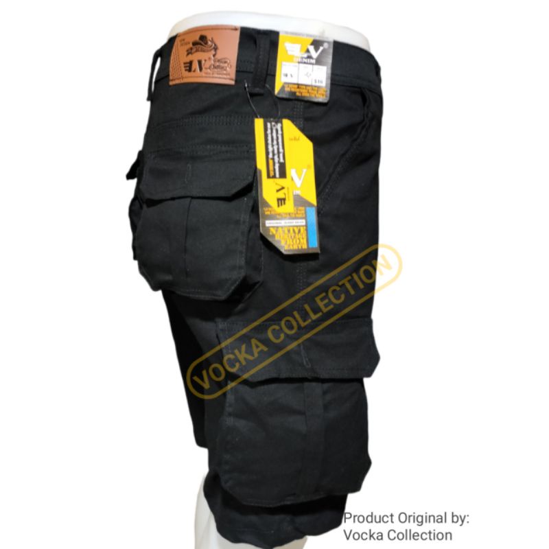 [TERLARIS] Celana Cargo Pendek Pria PDL Outdoor bahan Black Stretch Combed Premium Vocka