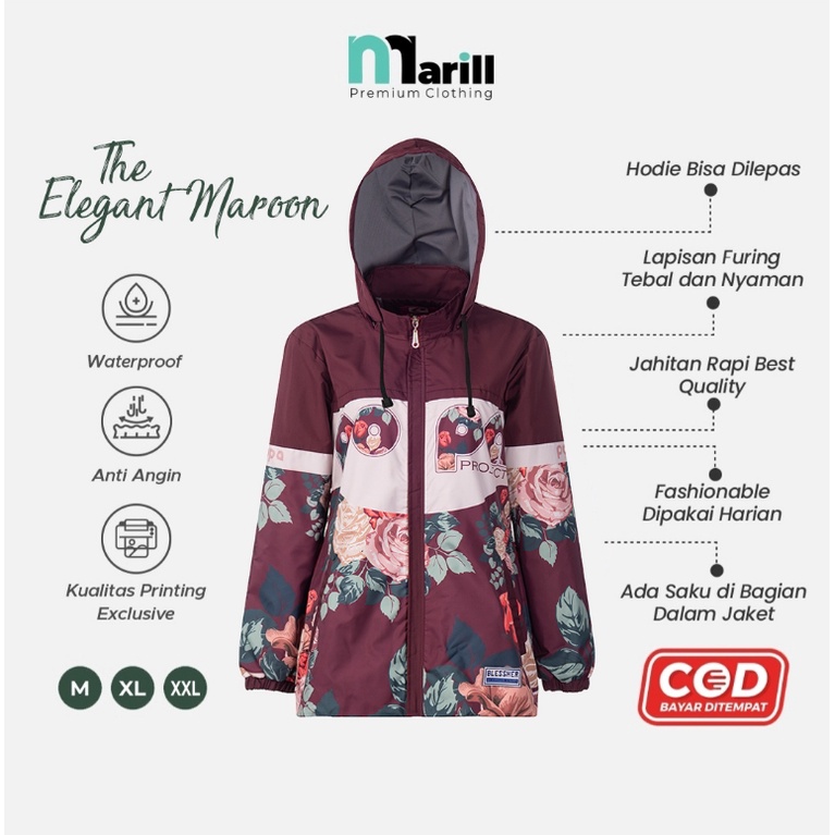 Jaket Wanita Kekinian Jaket Parasut Wanita Printing Anti Air Anti Angin Motif Elegant Maron