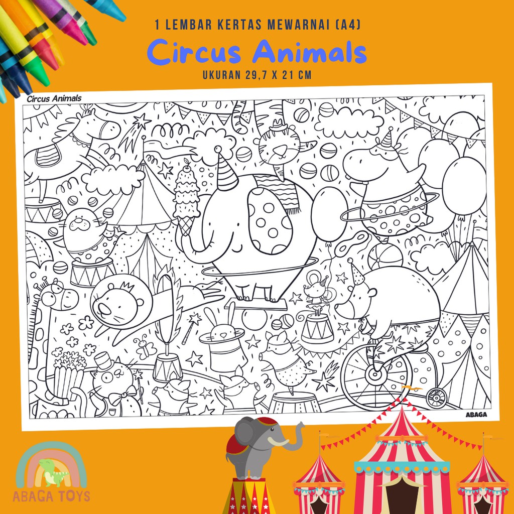 (Min Order 10Pcs) Kertas Gambar Mewarnai A4 - Latih Imajinasi, Kreativitas, Eksplorasi Warna (Coloring Page)-Circus Animals
