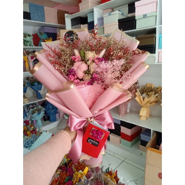 buket bunga dried flower bouquet import / dried preserved tinggi 45cm