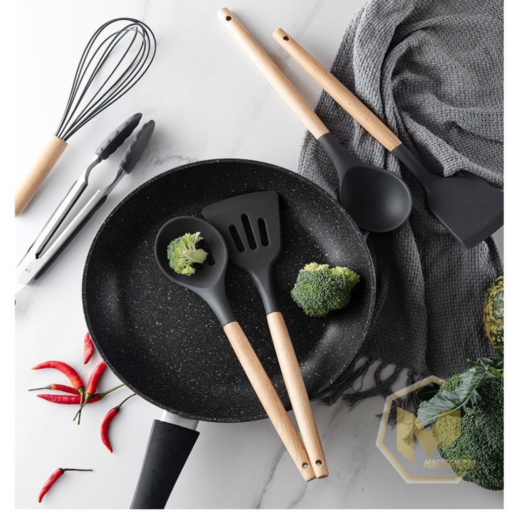 RT82 Kitchen Utensil Silicone wood 12pcs Set Peralatan Dapur Masak Baking Sutil Spatula Sendok Silikon Set Alat Masak 11 in 1 gagang kayu MA2753