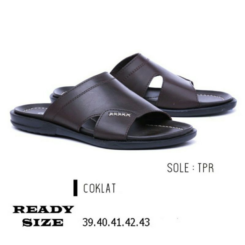 Sandal Kulit H-93 Pria Size 38-43 Sendal Slide Bapak Bapak Awet Sendal Distro Murah Brown, 39