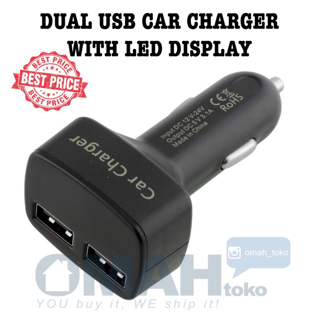 4in1 Dual USB Car Charger Mobil Dengan LED Display Cocok buat Grab Gocar Uber dan Gojek