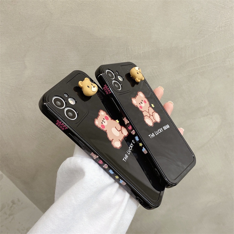 IPHONE 3d Rotatable Bear Couple Phone Case Cover Kartun Pelindung Lembut Untuk Iphone7 8 PLUS X XR XS 11 12 13 PRO MAX SE 2020