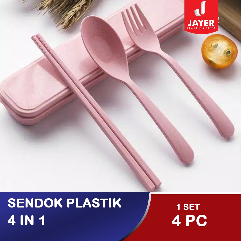 Sendok Makan Jerami 1 Set isi 4 Pcs / 1 Set Sendok Portable Plastik Sendok / Garpu / Sumpit