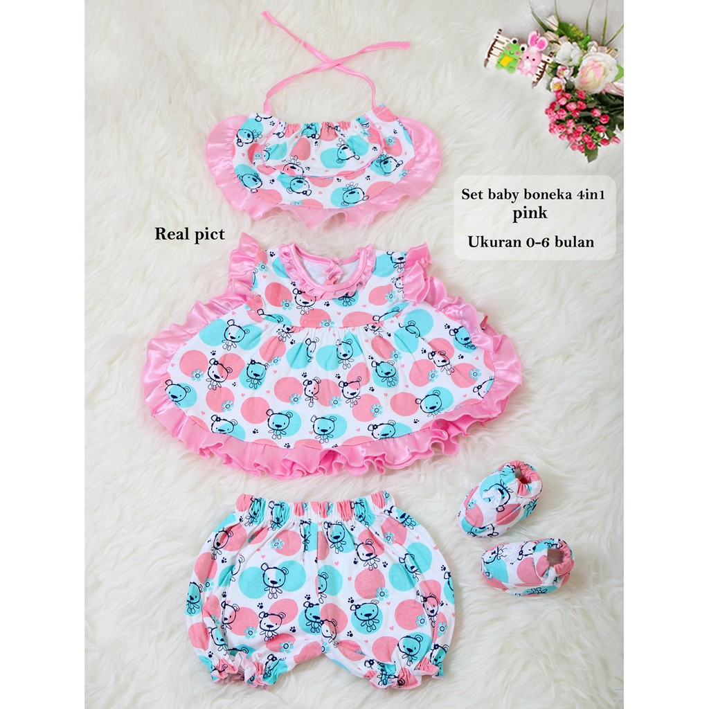 Set Bayi Boneka 4in 1/Setelan Stelan Baju Bayi Premium Murah/Baju Harian Bayi/Set Baju Bayi Lucu