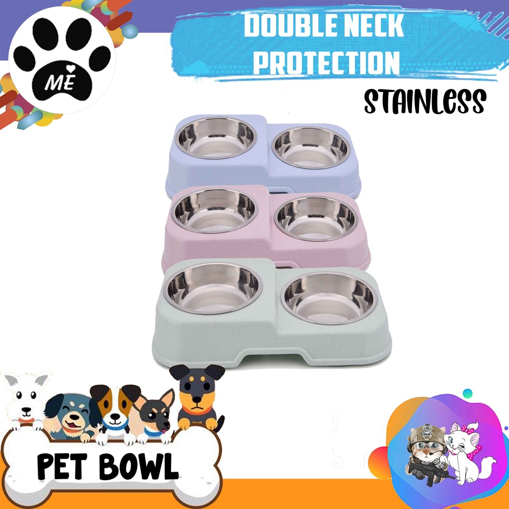 Pet Bowl Anti Slip &quot;DOUBLE NECK PROTECTION STAINLESS&quot; Tempat Makan Minum Hewan