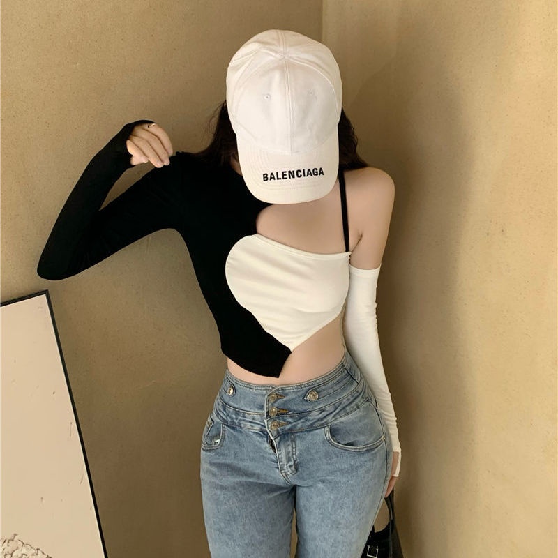 T-shirt lengan panjang pendek seksi manis dan pedas musim gugur murni dan ingin bottoming crop top p