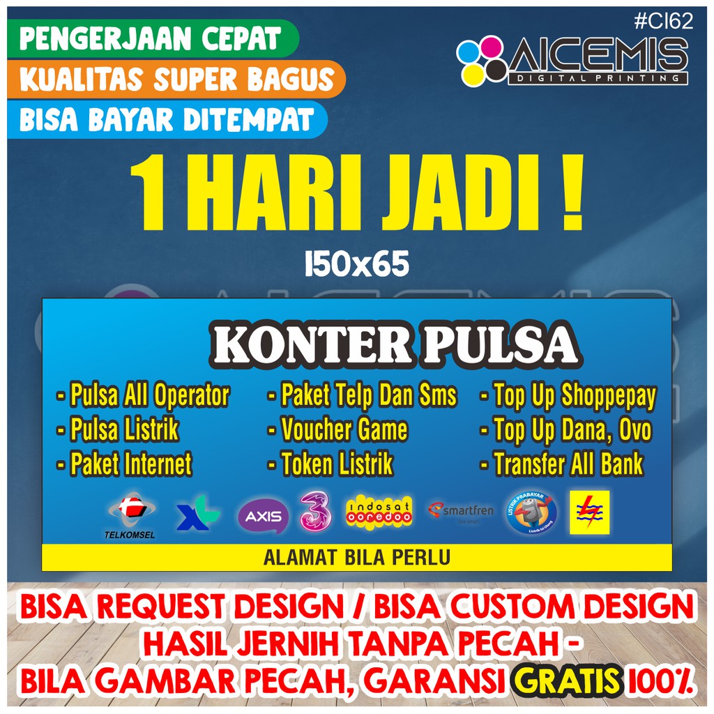 spanduk banner etalase konter pulsa / spanduk konter hp / banner konter pulsa / 1 hari jadi CL62 / S